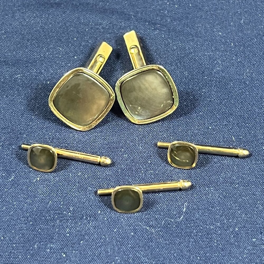 Vintage Swank Gold-Tone Cufflinks & 3 Tuxedo Studs With Mother Of Pearl Accents